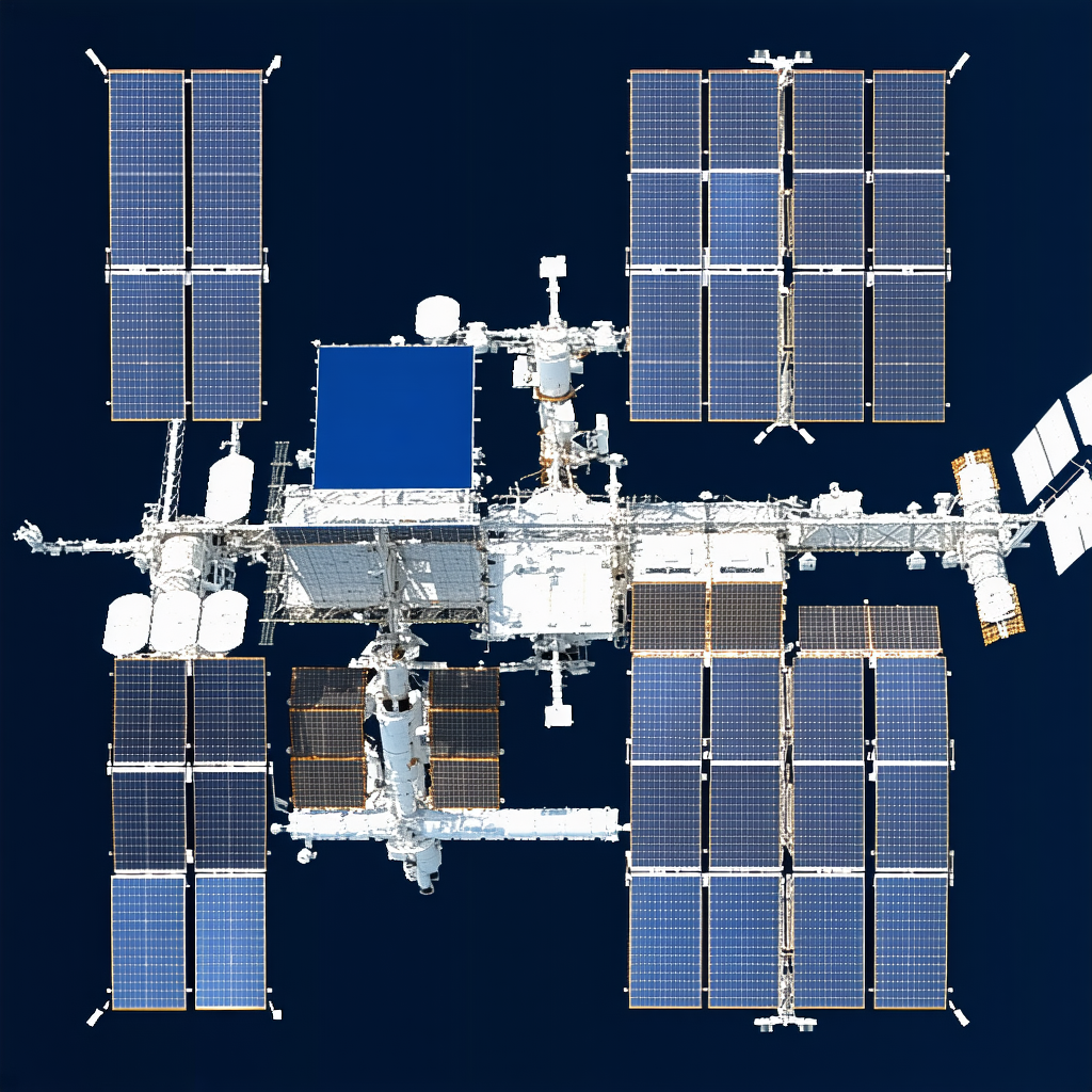 The Image Is A Blue And White Space Station With A Large Number Of Solar Panels