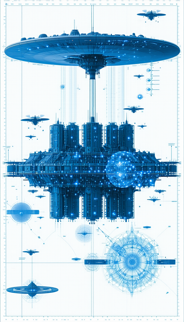 In This Futuristic Drawing, There Is A Large Blue Structure With A Sphere In The Center