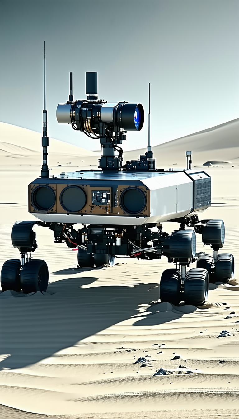 A Large Robotic Vehicle With Four Wheels, Standing On A Sandy Surface