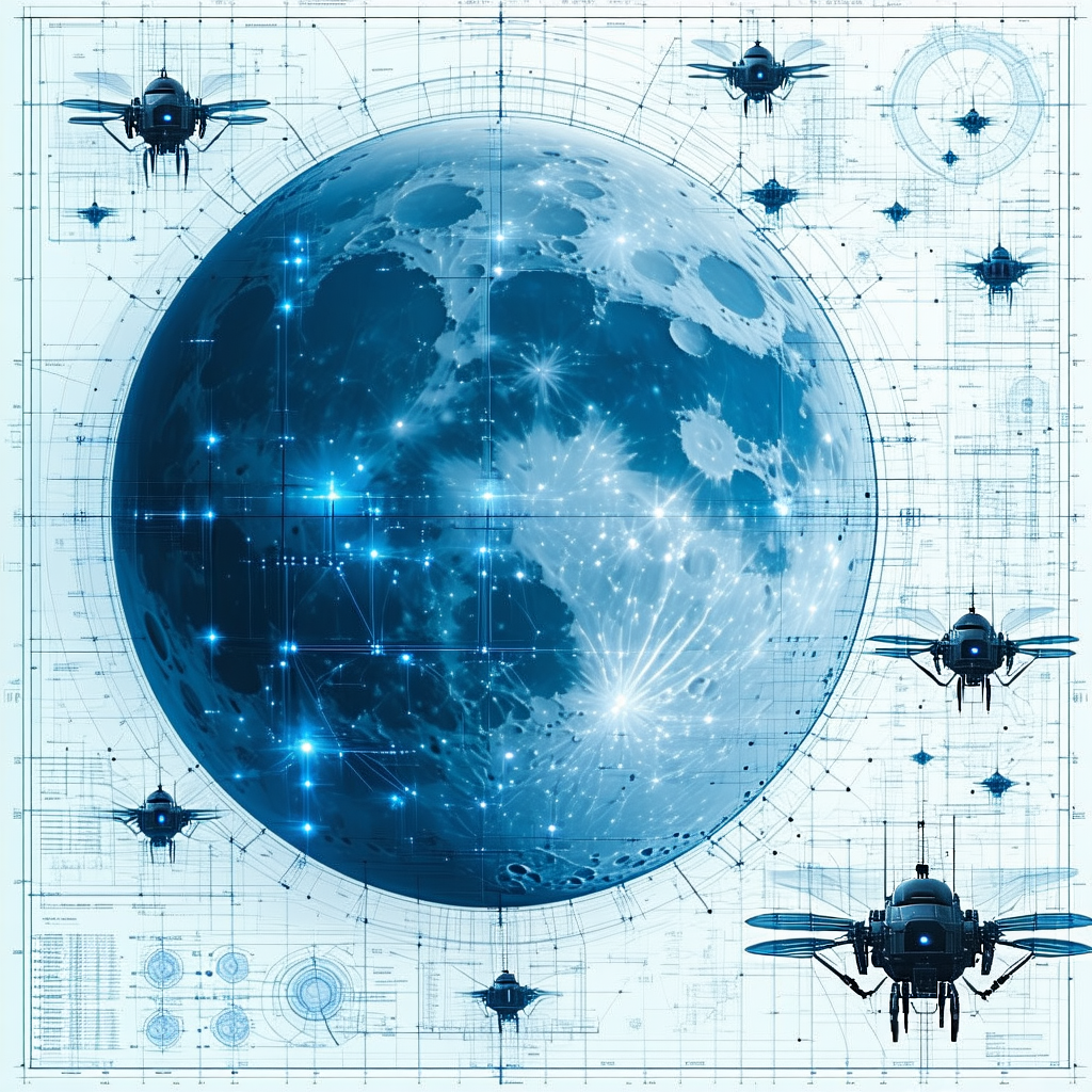 A Blue And White Moon With A Few Spaceships Flying Around It