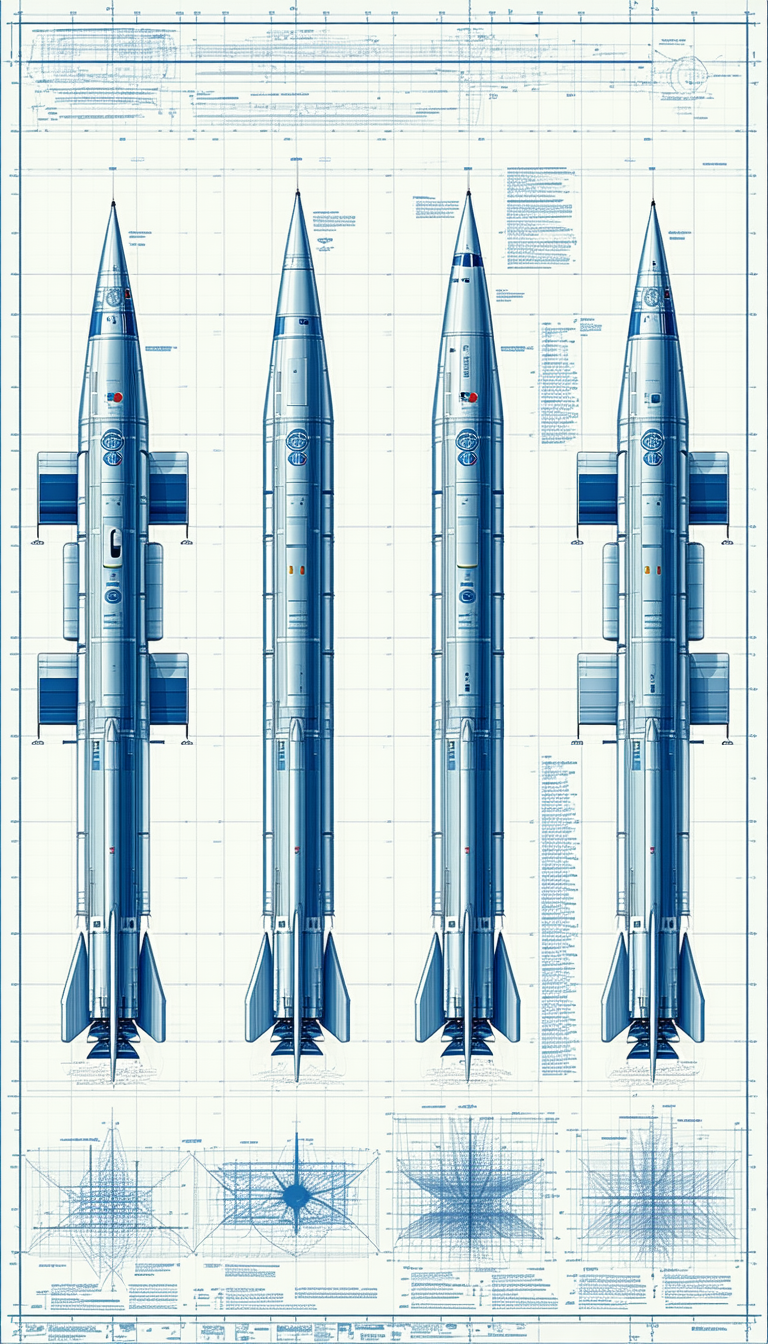 The Image Is A Blue Drawing Of Two Rockets, One On The Left And One On The Right