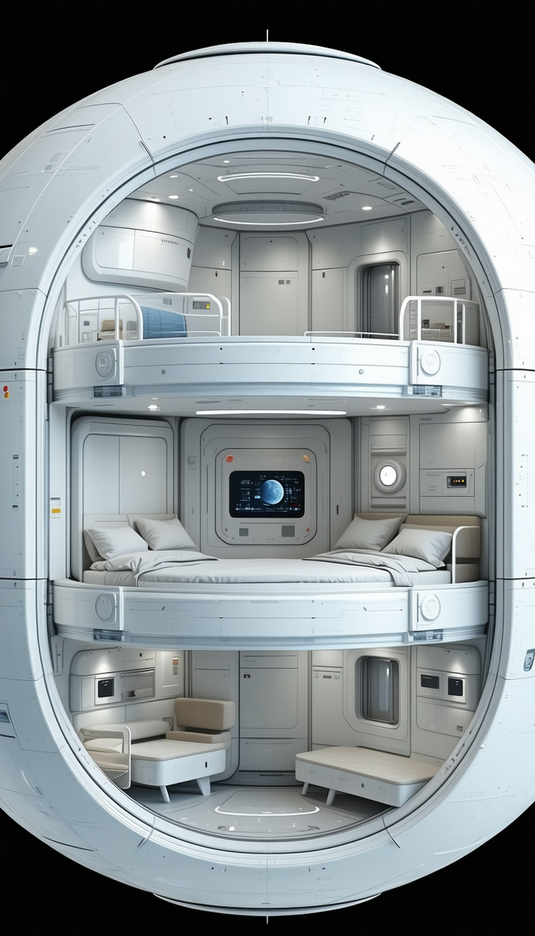 A Futuristic Space Ship With A Large Bedroom Area