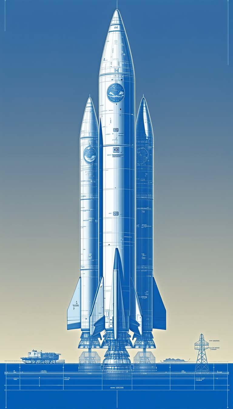 A Blue Rocket Ship Is Shown In A Drawing, With A Large White Rocket Ship In The Foreground