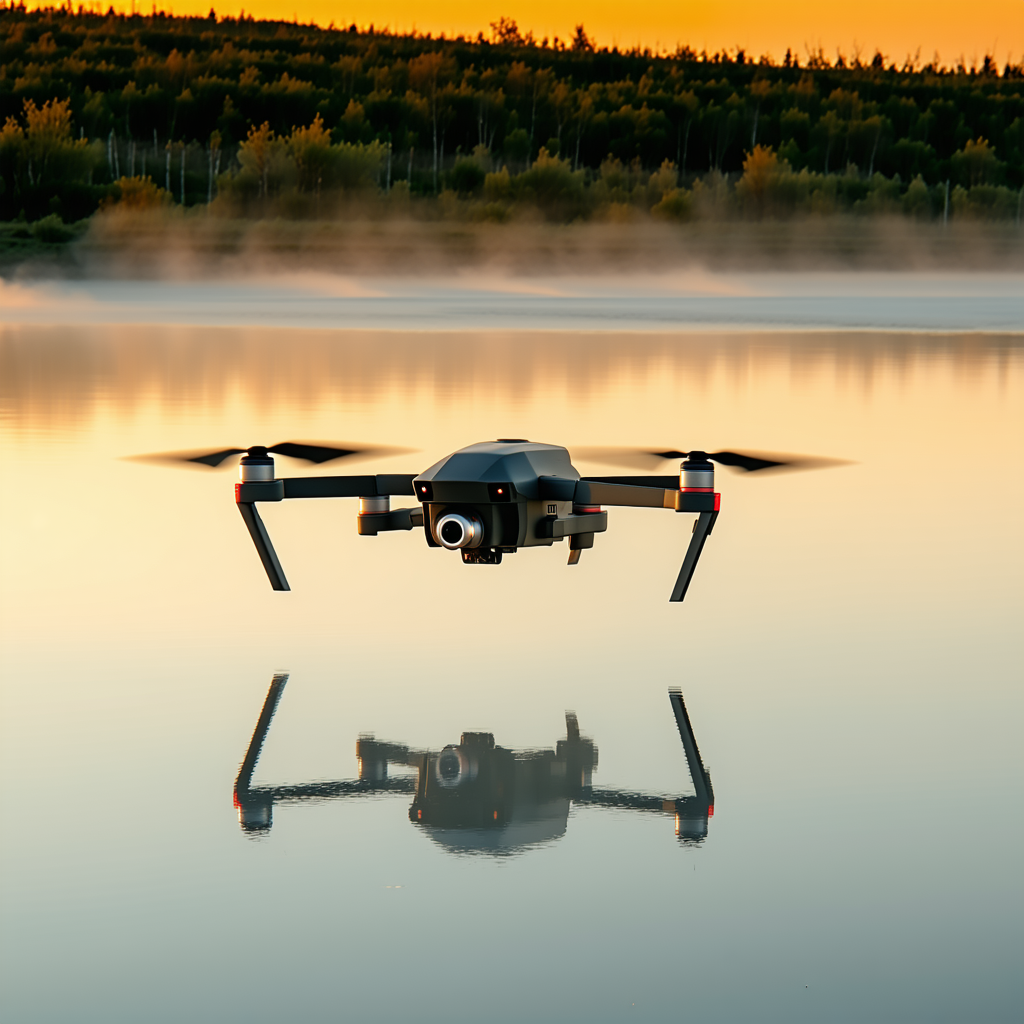 A Drone Is Flying Over A Lake, Capturing The Serene Scene Below