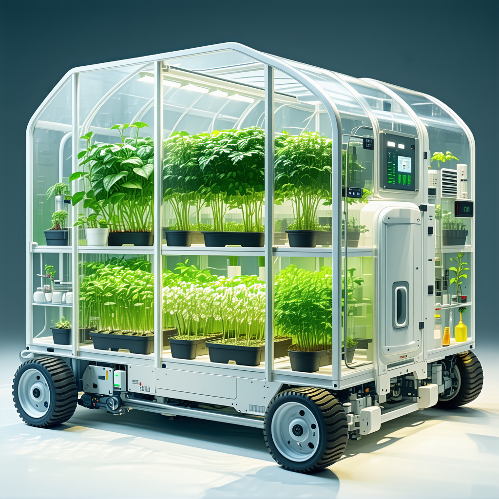 A Large, White, And Open Vehicle With A Greenhouse On The Back
