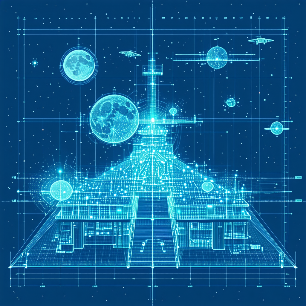 The Image Is A Blue And White Drawing Of A Space Station