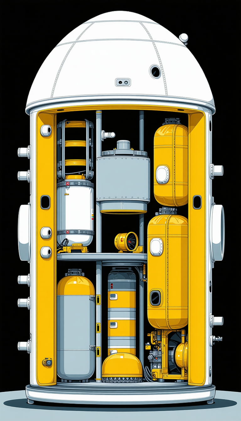 In The Image, There Is A Large Yellow Structure With A Lot Of Pipes And Cylinders