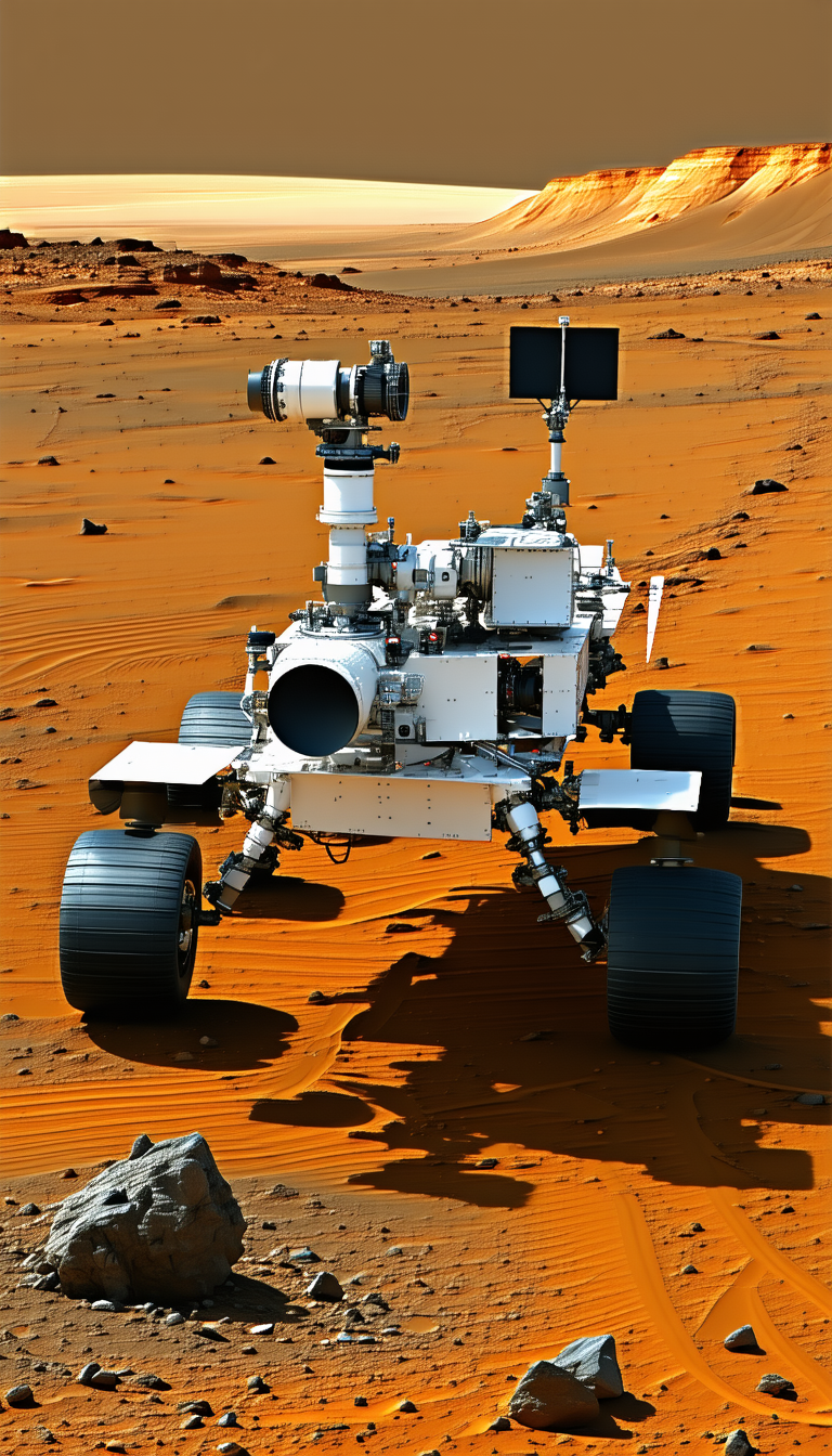 A White And Silver Robotic Vehicle, Possibly A Rover, Sitting On A Red Dirt Surface