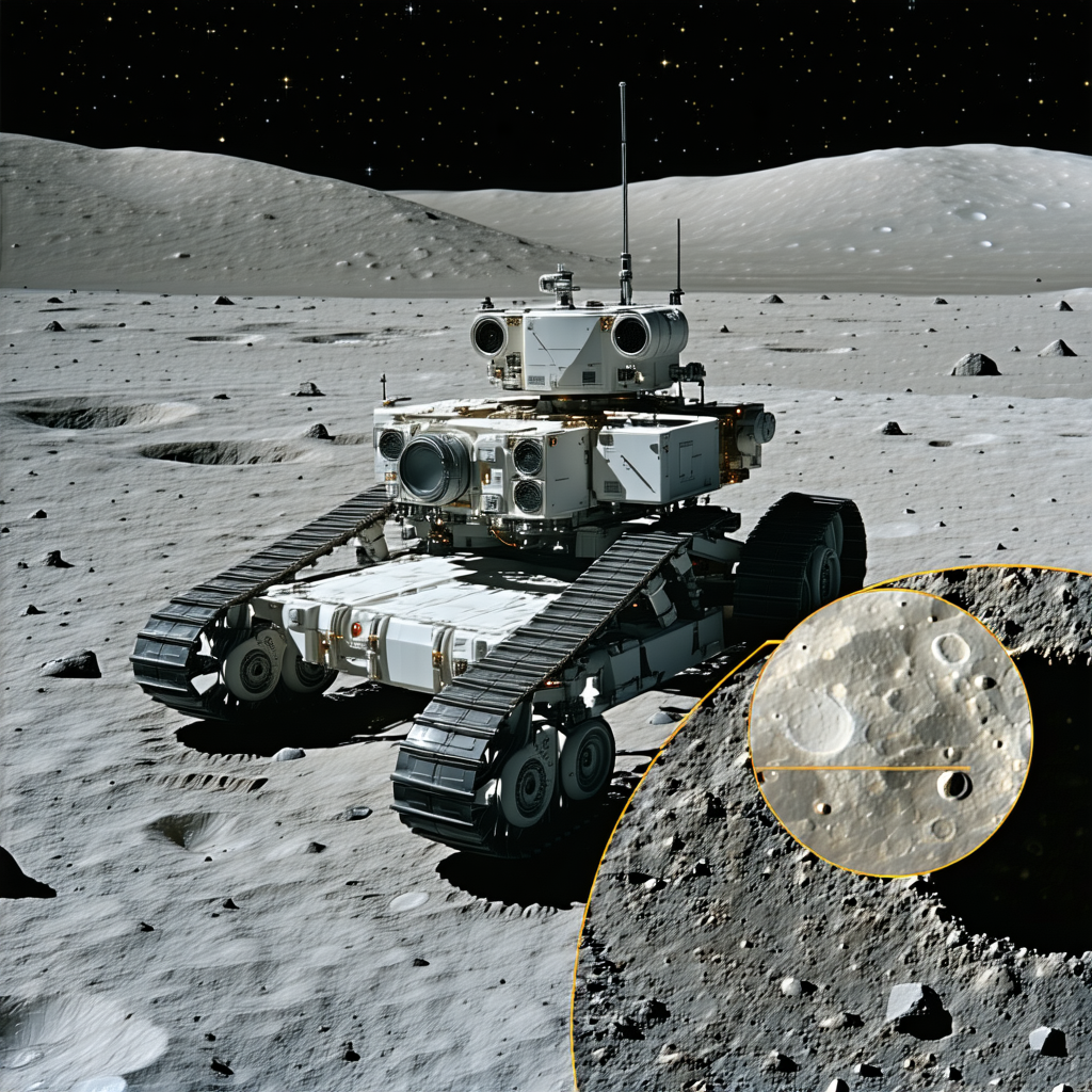 A White Robotic Vehicle Is Parked On The Moon's Surface