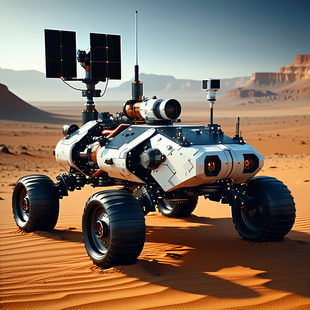 A Futuristic Vehicle Is Parked In A Desert-like Environment