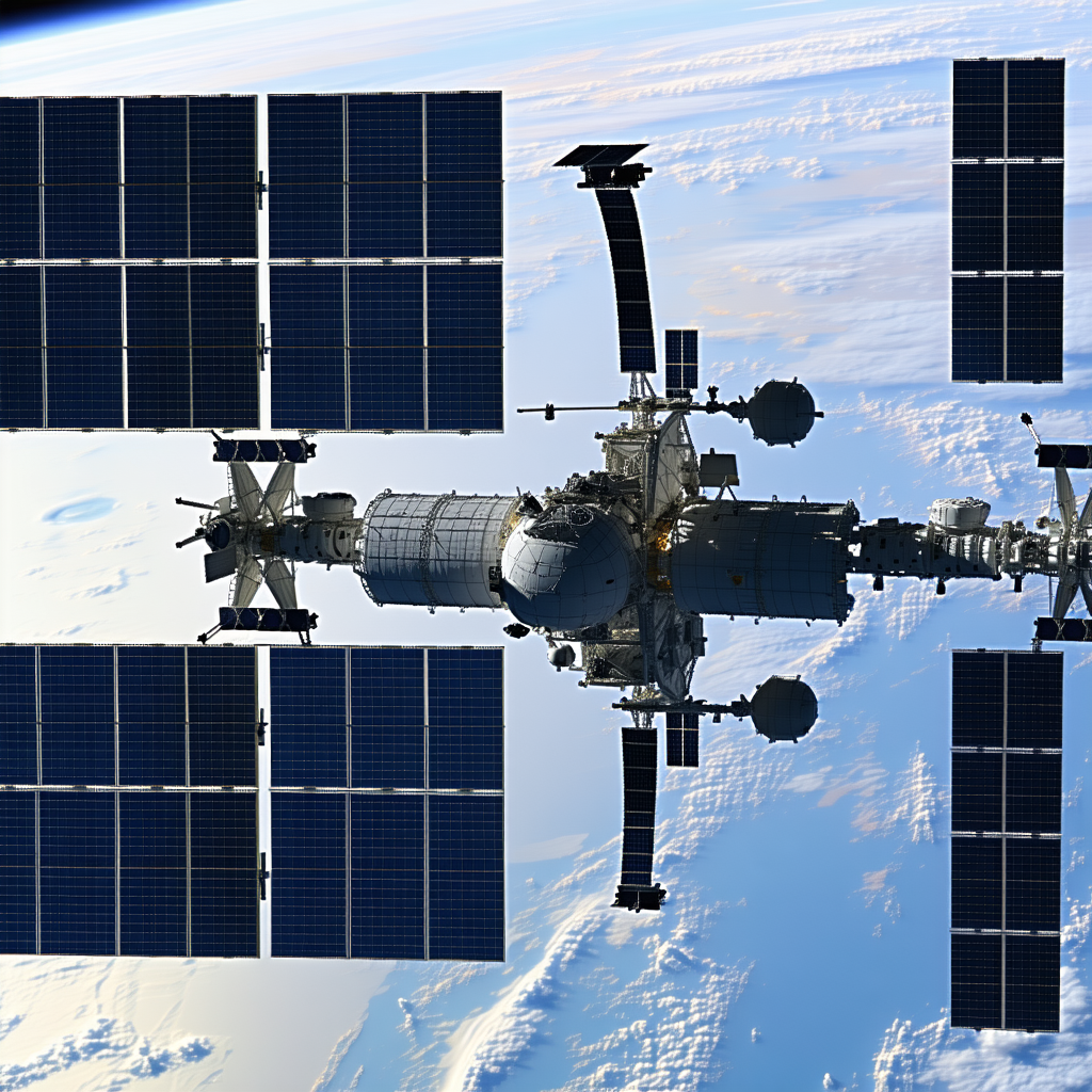 A Space Shuttle Is Docked With A Space Station, And The Two Are Flying Through The Sky
