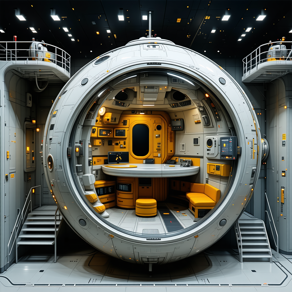 A Futuristic Space Station With A Large, Round, White Room At Its Center