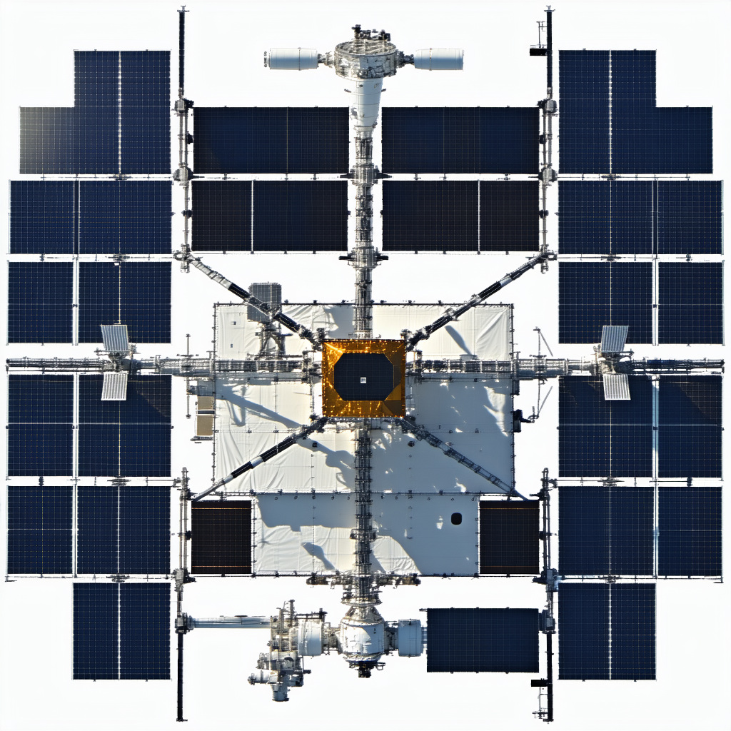 The Image Is A Close-up Of A Space Station, Showcasing Its Various Components