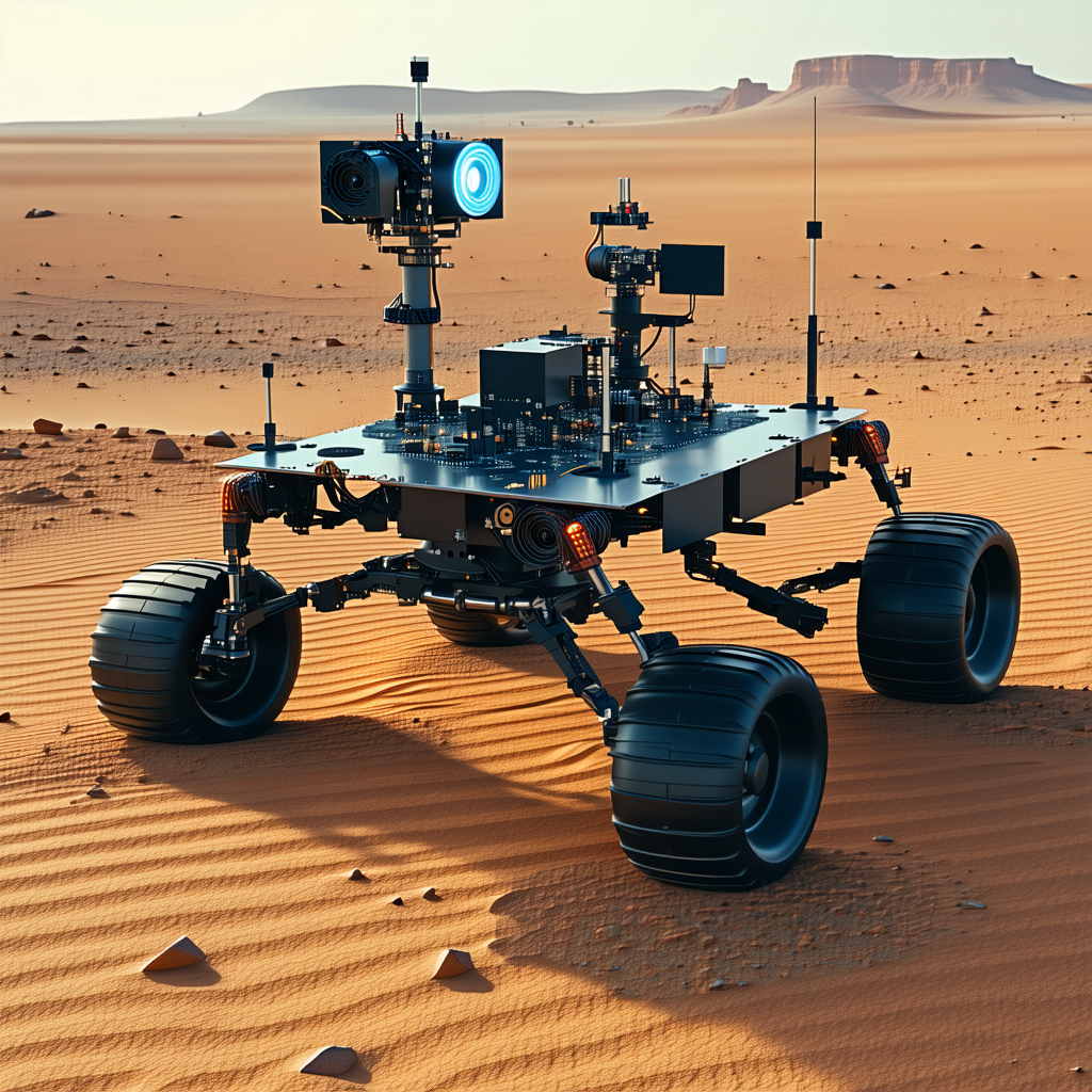 A Large Robotic Vehicle, Possibly A Rover, Sitting On A Sandy Surface