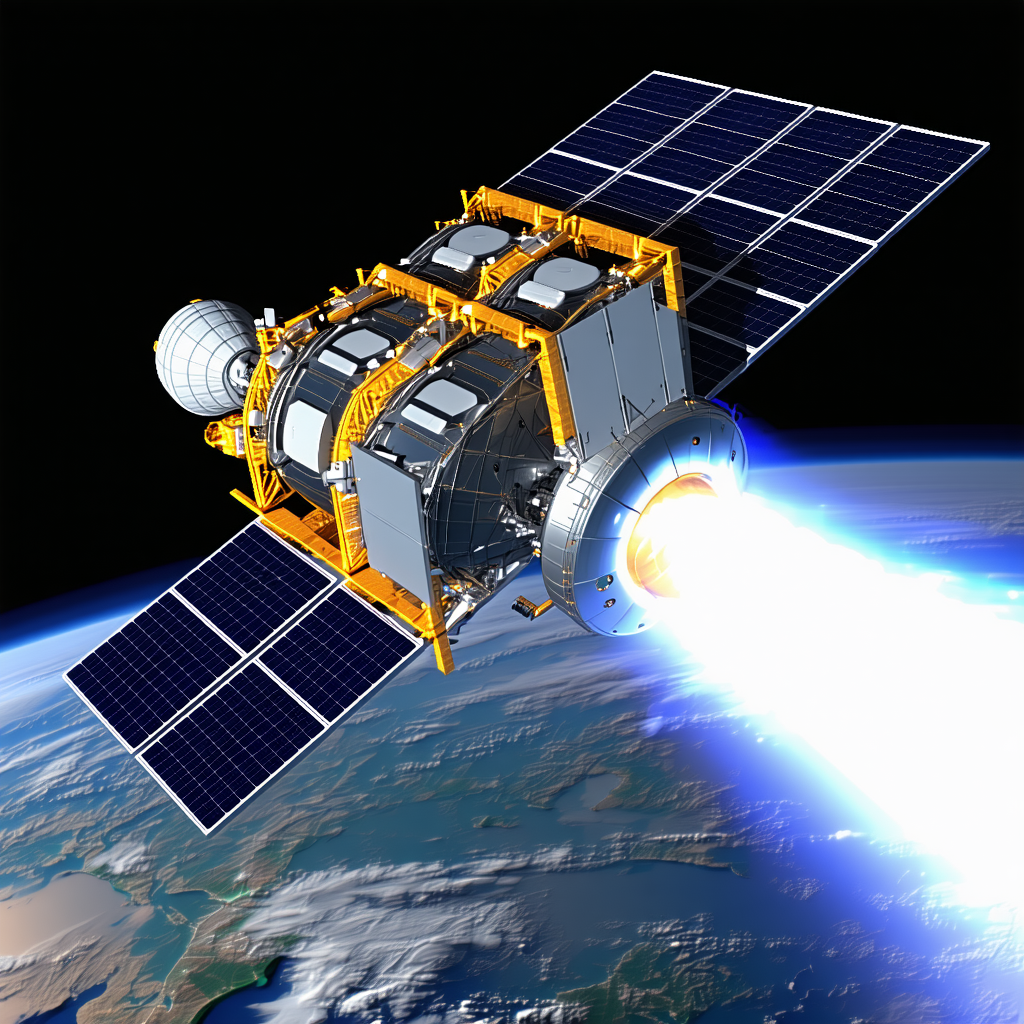 A Spacecraft With A Large Solar Panel On Its Side, Flying Through The Sky