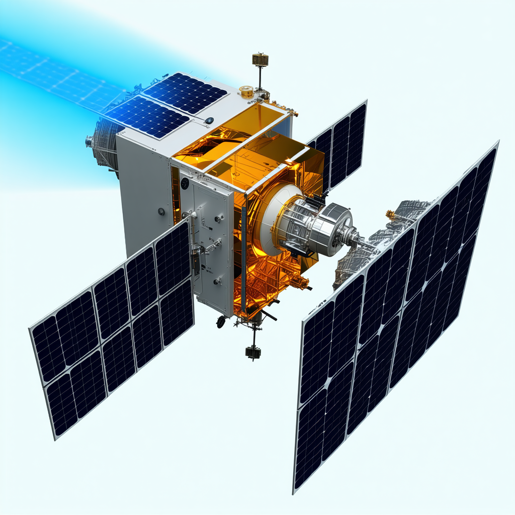 A Spacecraft Is Shown In A Close-up View, With Its Solar Panels And Other Components Clearly Visible