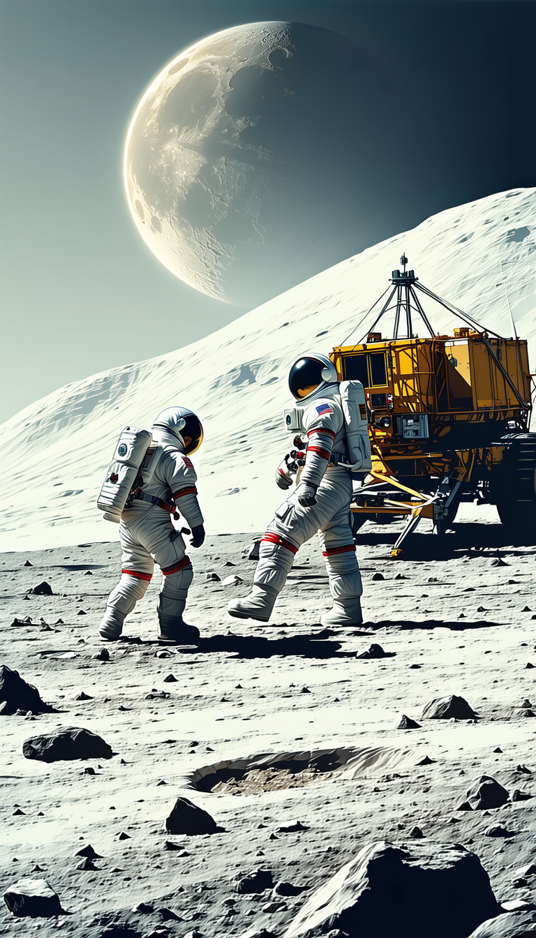 In The Image, There Are Two Astronauts Walking On The Moon's Surface