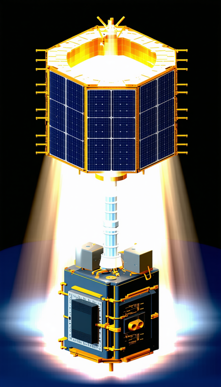 A Small Satellite On A Stand, With A Solar Panel On Top