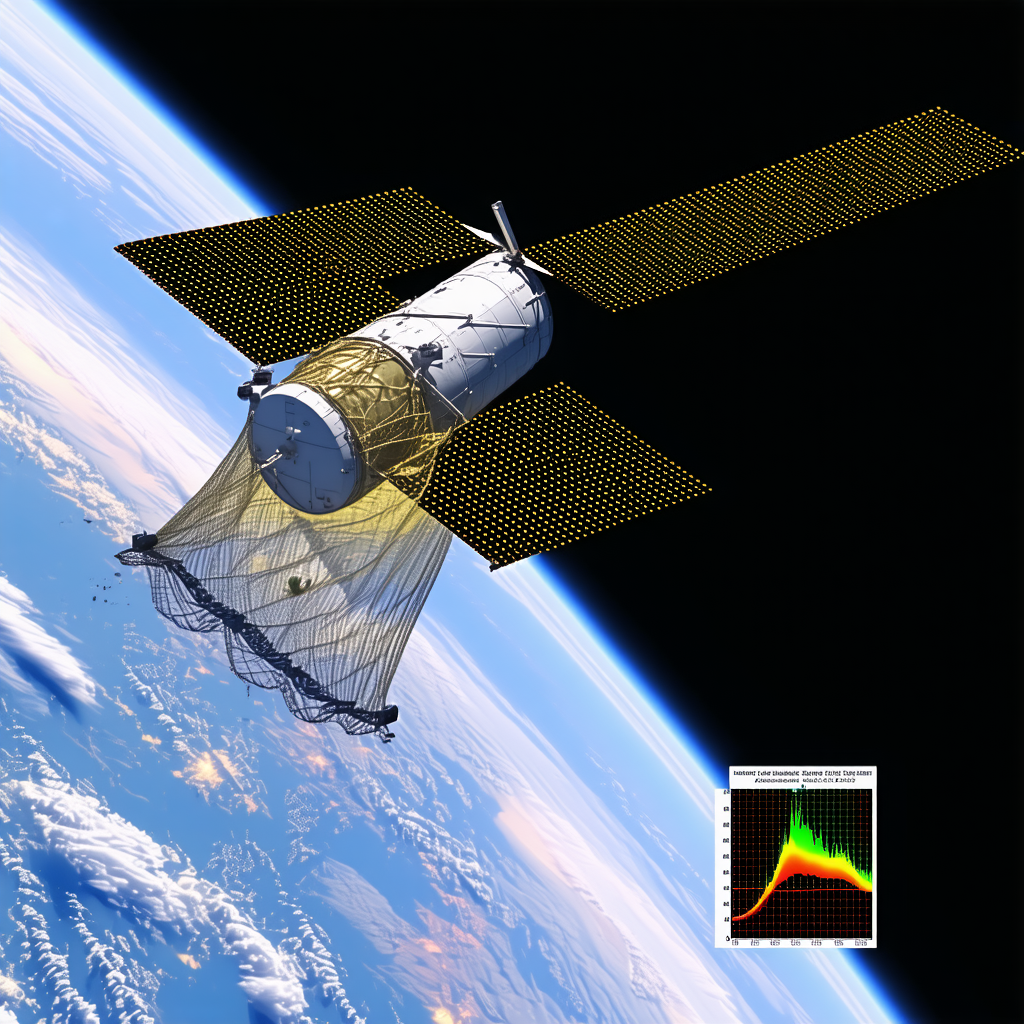 A Spacecraft Is Flying Through The Sky, With A Large Satellite Dish On The Front