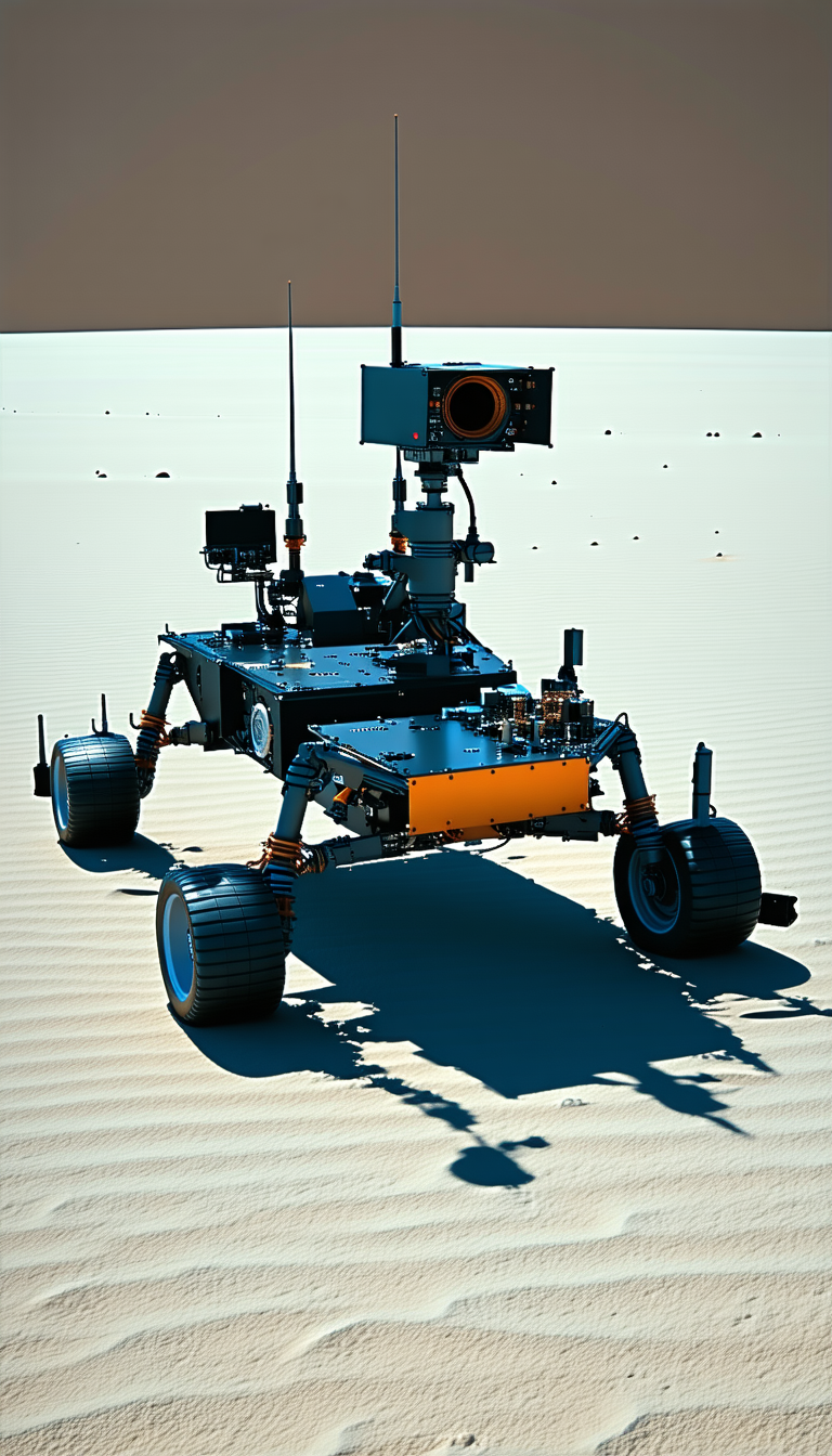 A Robotic Vehicle, Possibly A Rover, Sitting On A Sandy Surface