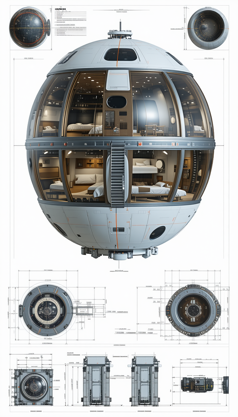 The Image Is A Drawing Of A Space Station, Which Is A Large, Round, And White Structure