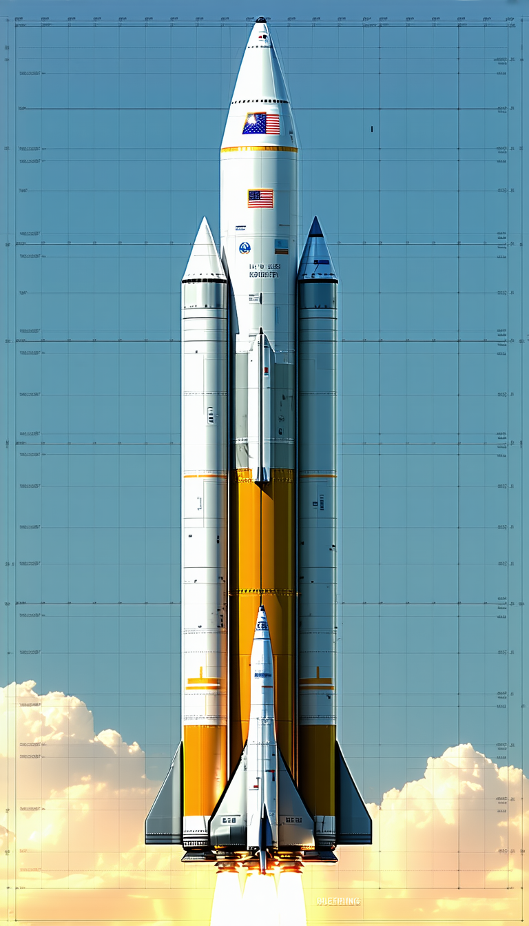 A Large Rocket Is Shown In A Blue Sky, With A Smaller Rocket Attached To The Side Of It