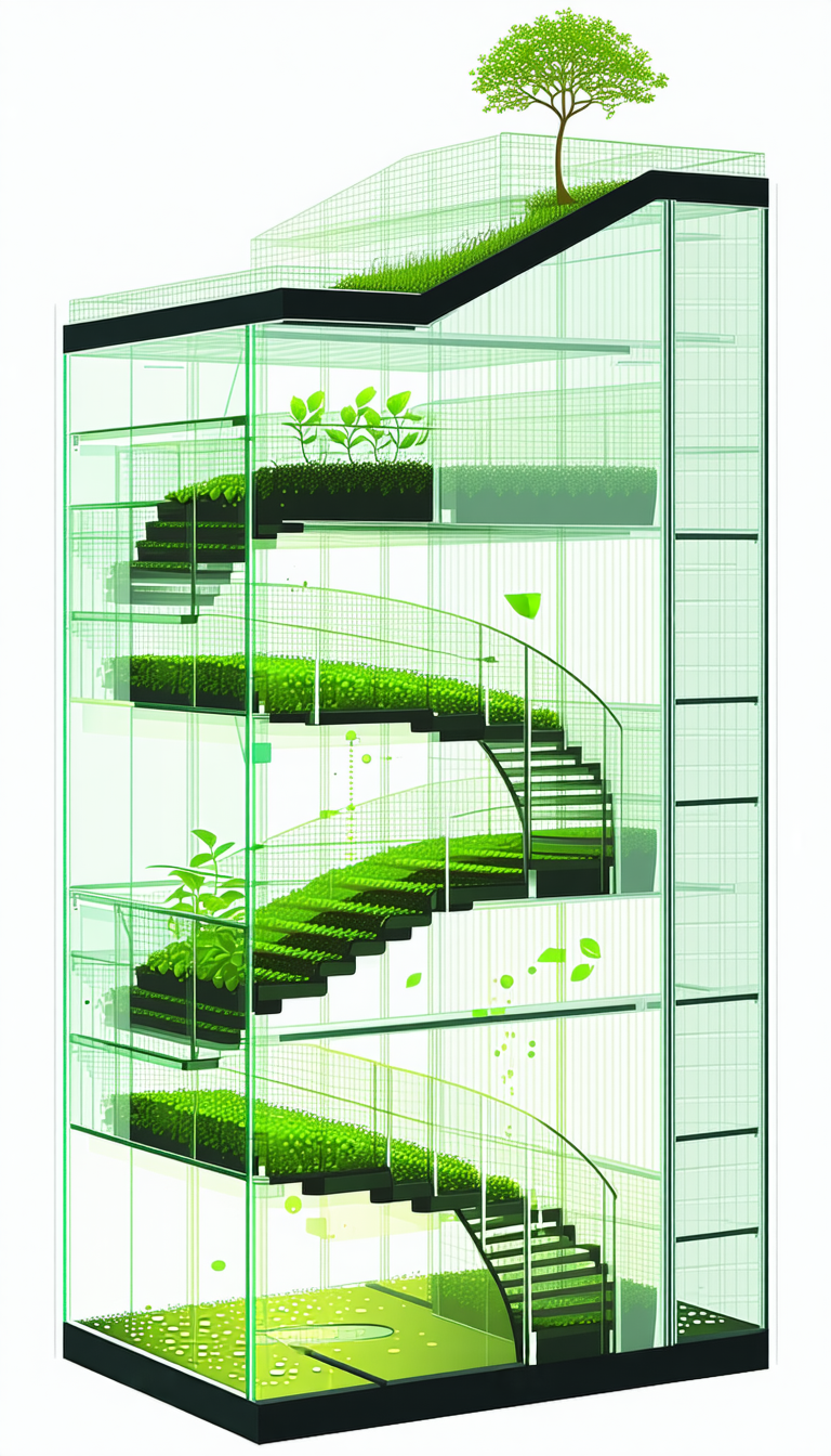 A Large Glass Building Has A Spiral Staircase That Leads To A Green Garden On The Top Floor