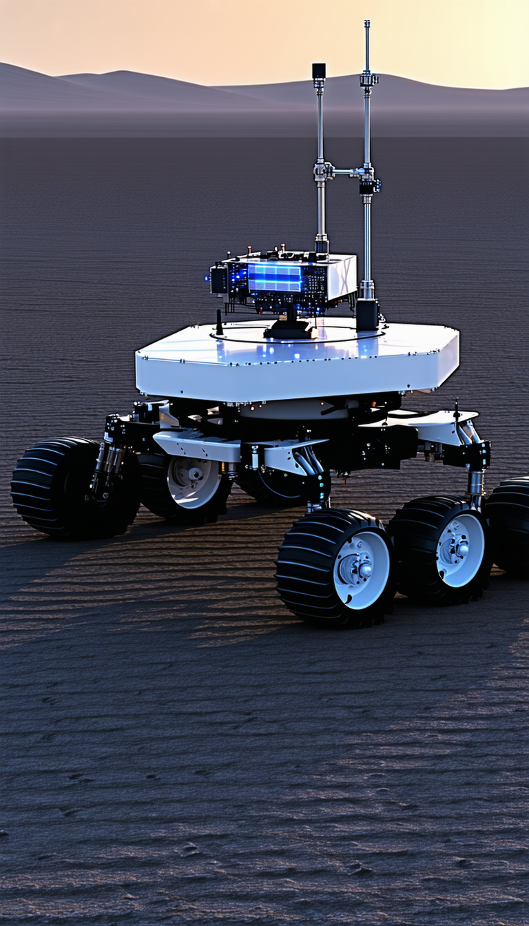 A Large White Robotic Vehicle With Four Wheels, Sitting On A Dirt Field