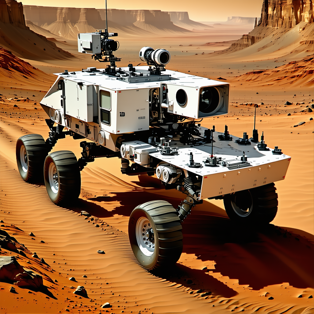 A White Robot Is Driving On A Dirt Road In A Desert