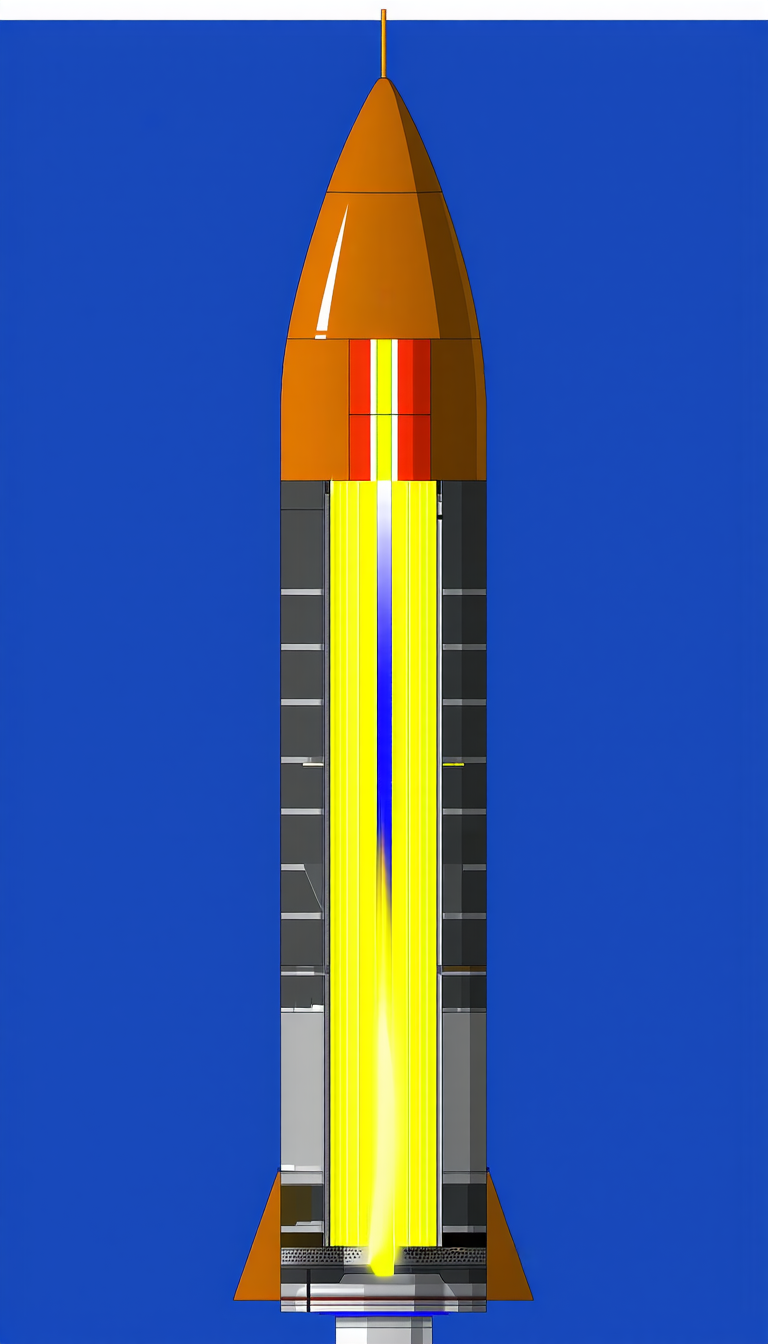 A Rocket Is Shown In A Blue Background, With A Yellow And Red Trail Behind It