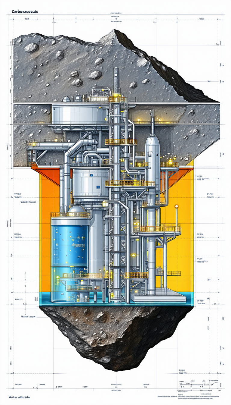 A Large Industrial Plant Is Shown In A Drawing, With A Large Blue Tank And A Large Yellow Tank