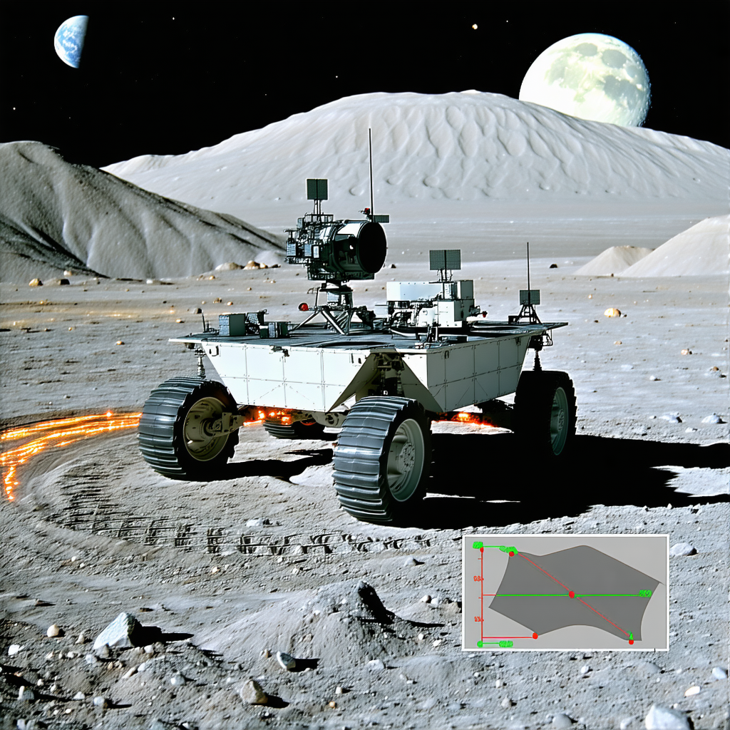 A Large Robotic Vehicle, Possibly A Rover, Driving Across A Rocky Terrain