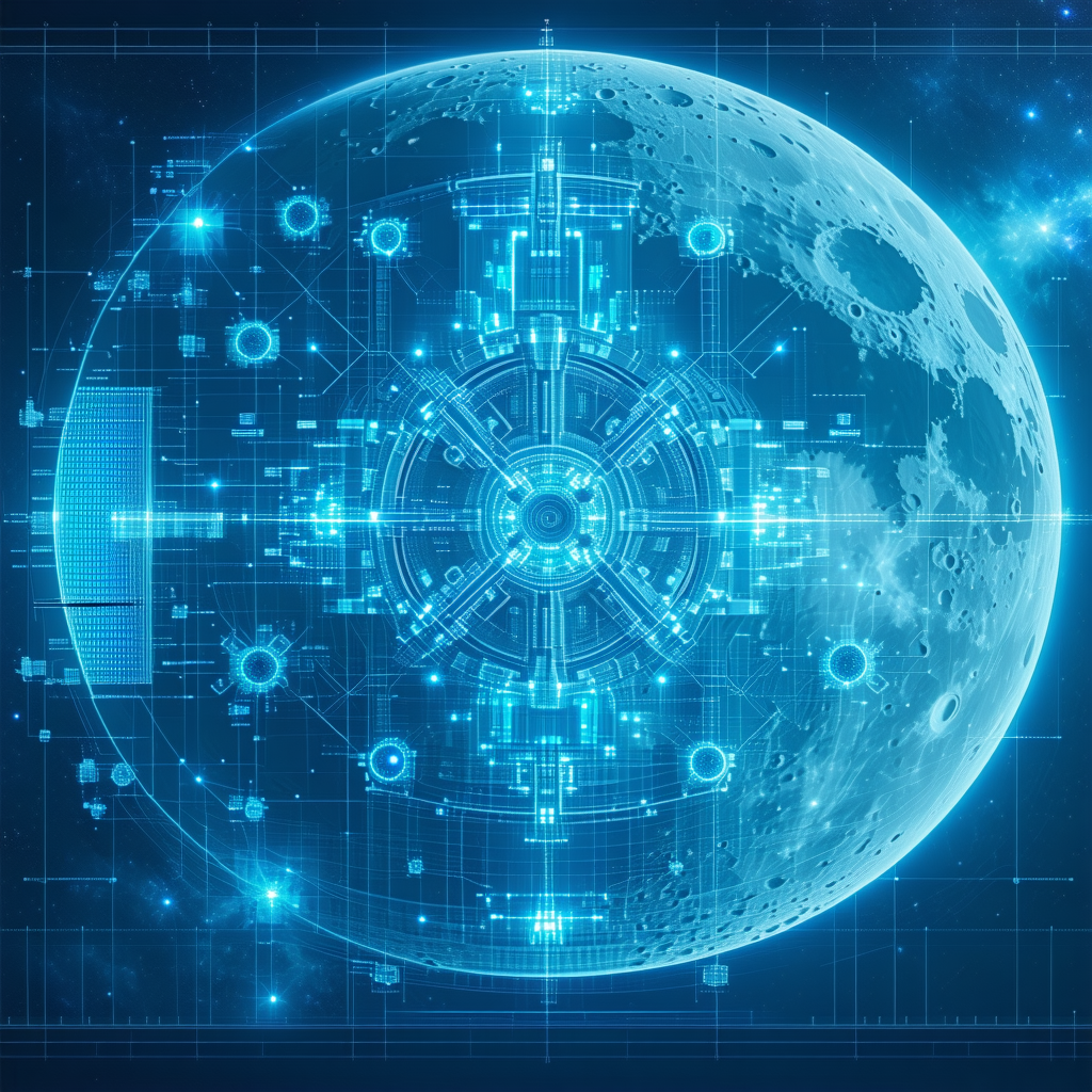A Blue And White Moon With A Large, Intricate Network Of Lines And Shapes Surrounding It