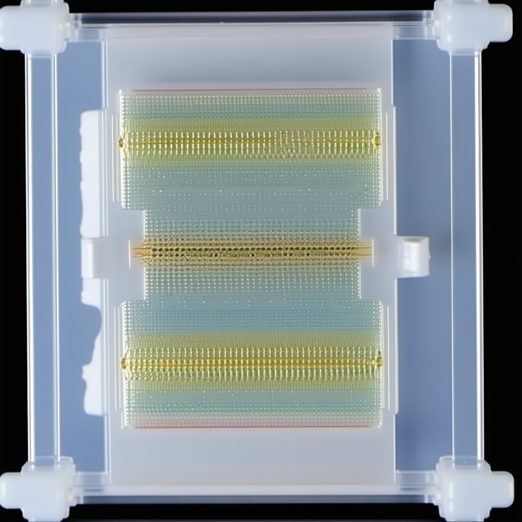A Clear Plastic Container Holds A Yellow, Blue, And Red Striped Object