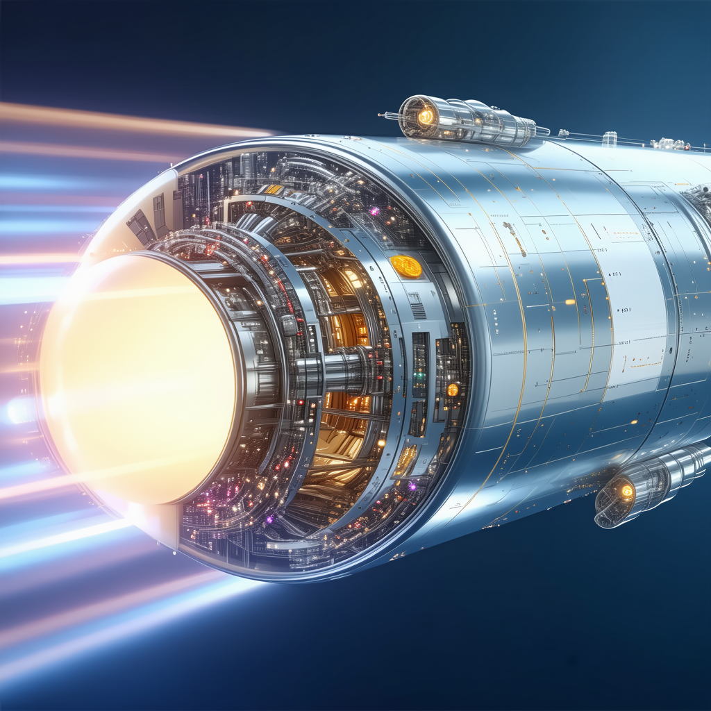 A Futuristic Spacecraft Is Shown In A Blue Background, With Its Engine Room Open