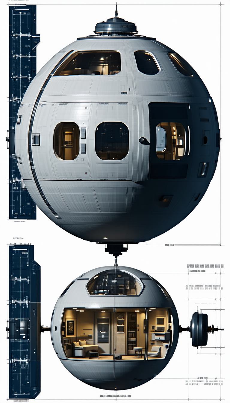 A Large, Round, White Spacecraft Is Shown In A Blueprint Drawing