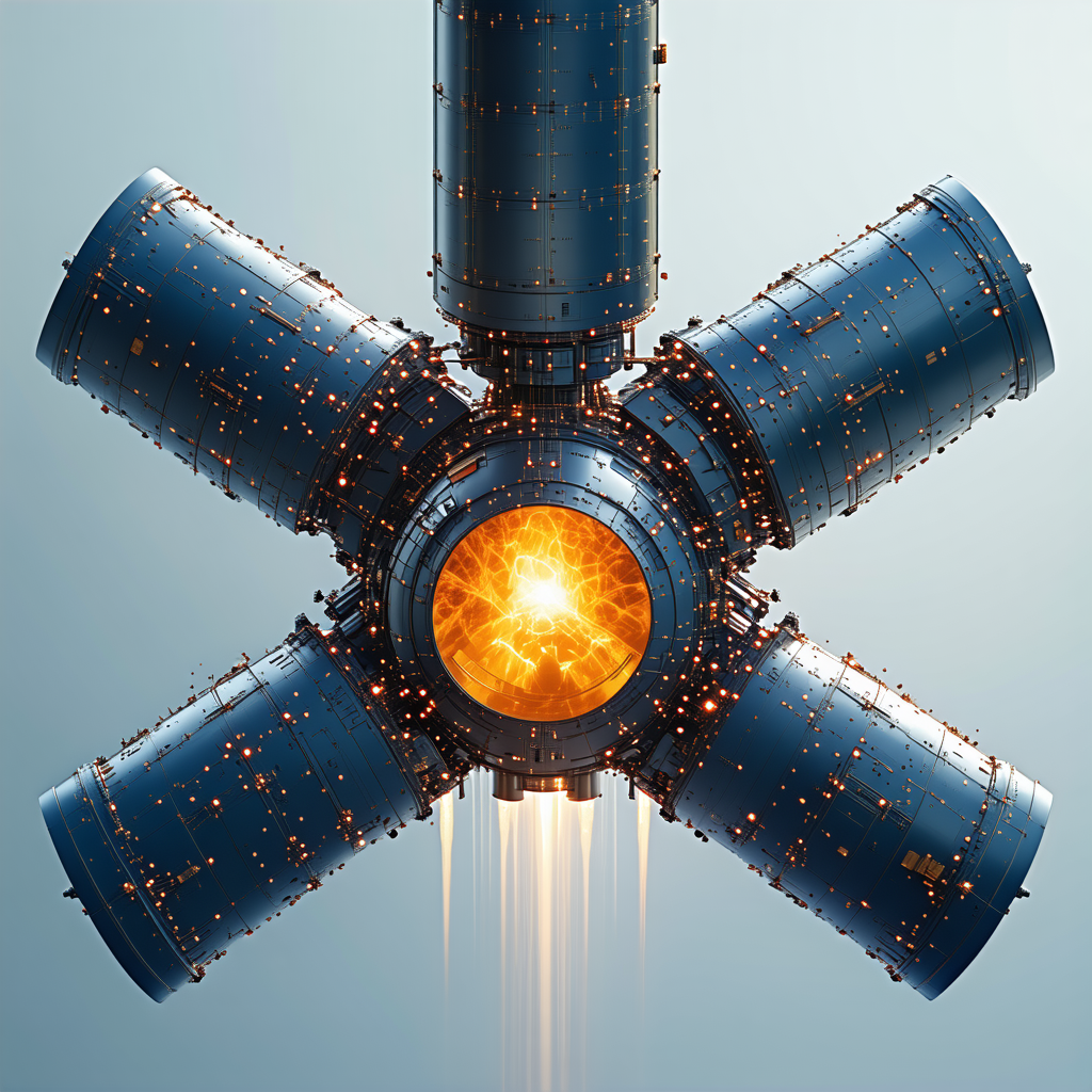 A Blue And White Rocket Is Shown In A Close-up View, With Its Engine Lit Up