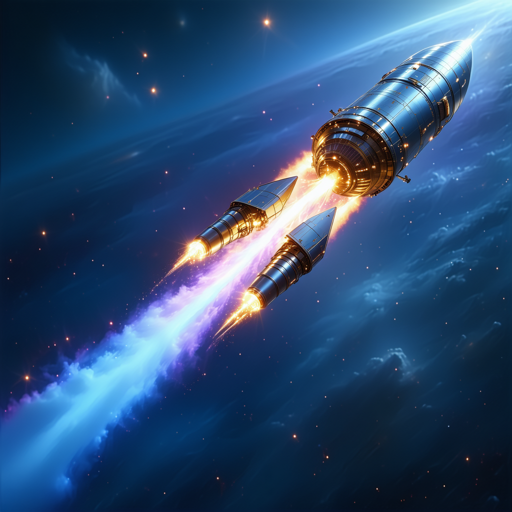A Space Shuttle Is Shown In A Blue And Purple Sky, With A Trail Of Smoke Behind It