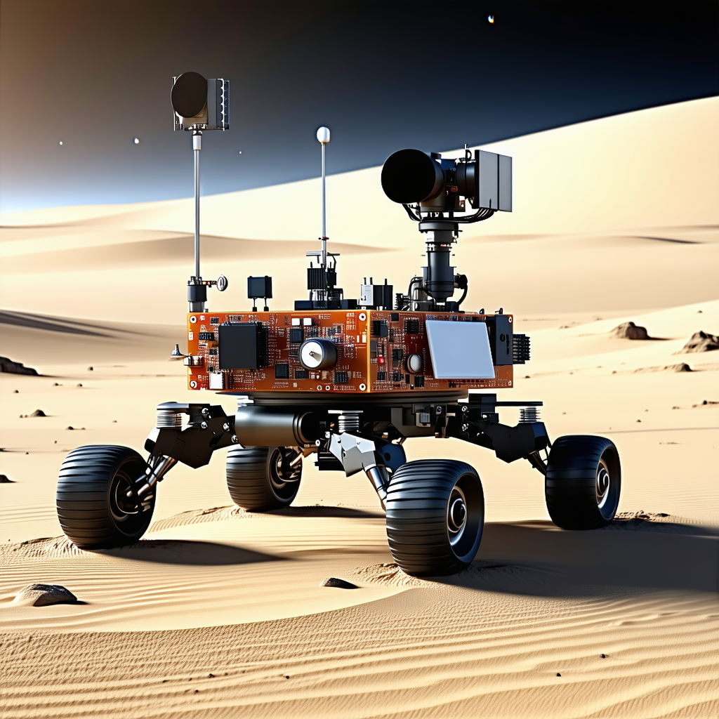 A Large Robotic Vehicle, Possibly A Rover, Sitting On A Sandy Surface