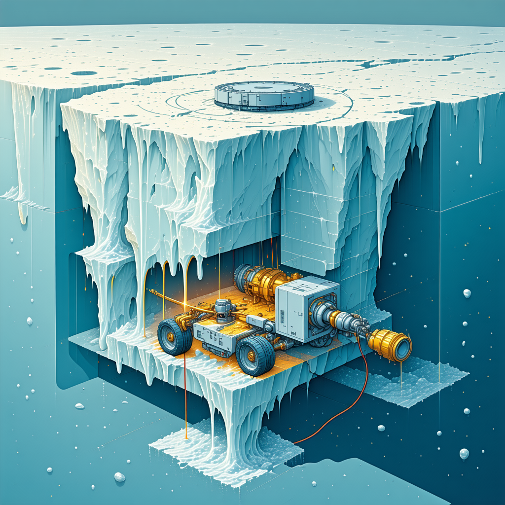 In The Image, There Is A Large, Frozen Structure With A Yellow And Orange Color Scheme