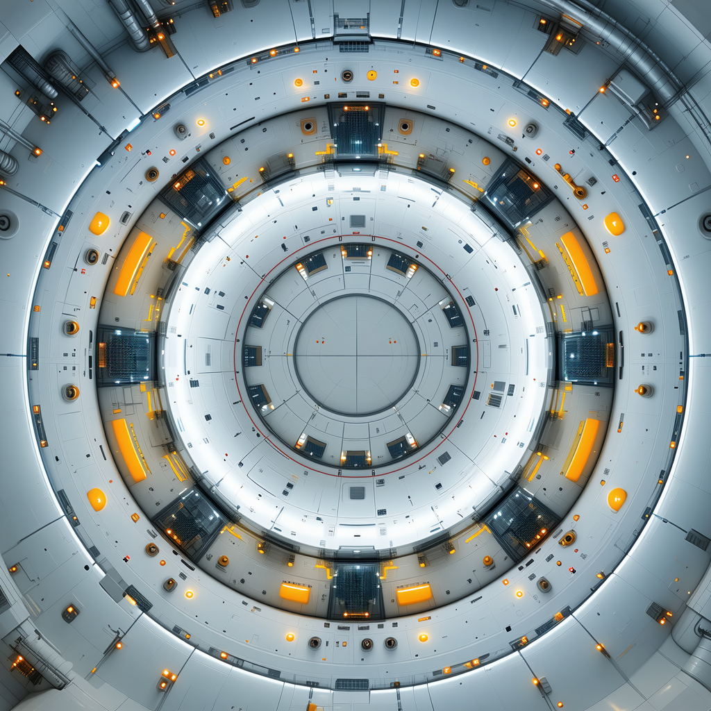 The Image Is A Close-up Of A Large, Circular Spacecraft, Likely A Space Station Or A Space Shuttle