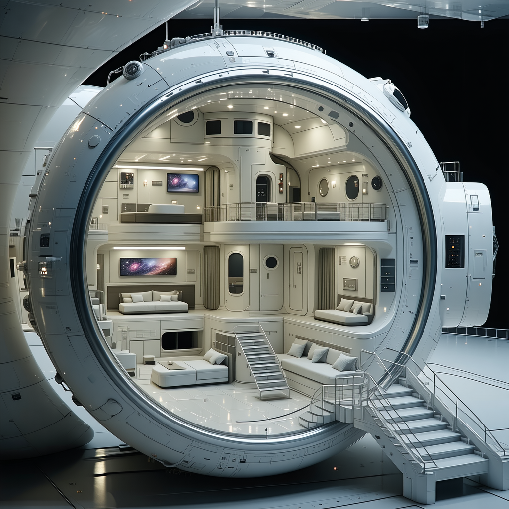A Futuristic Space Station With A Large, Round, White Room That Serves As A Living Space