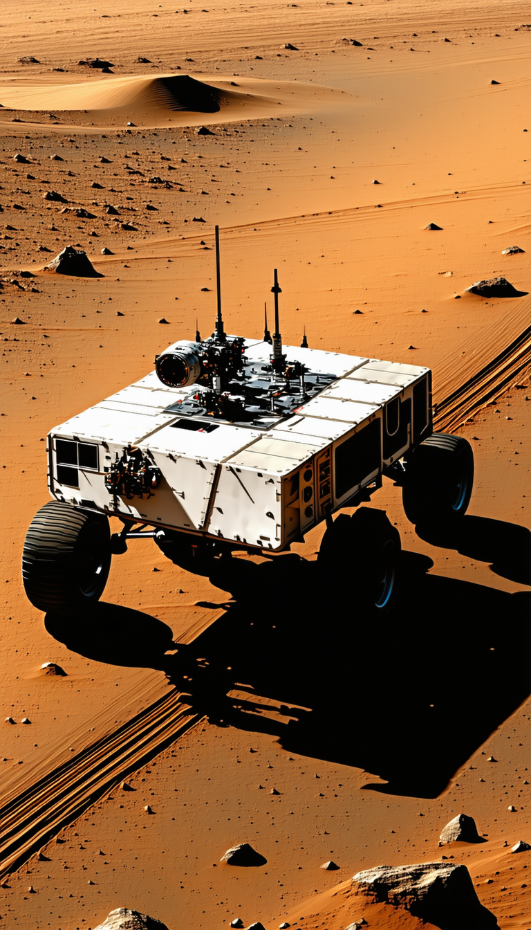 A White Robot Is Driving On A Dirt Road