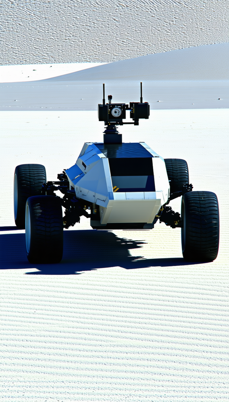 A Large Robotic Vehicle Is Driving Across A Sandy Beach