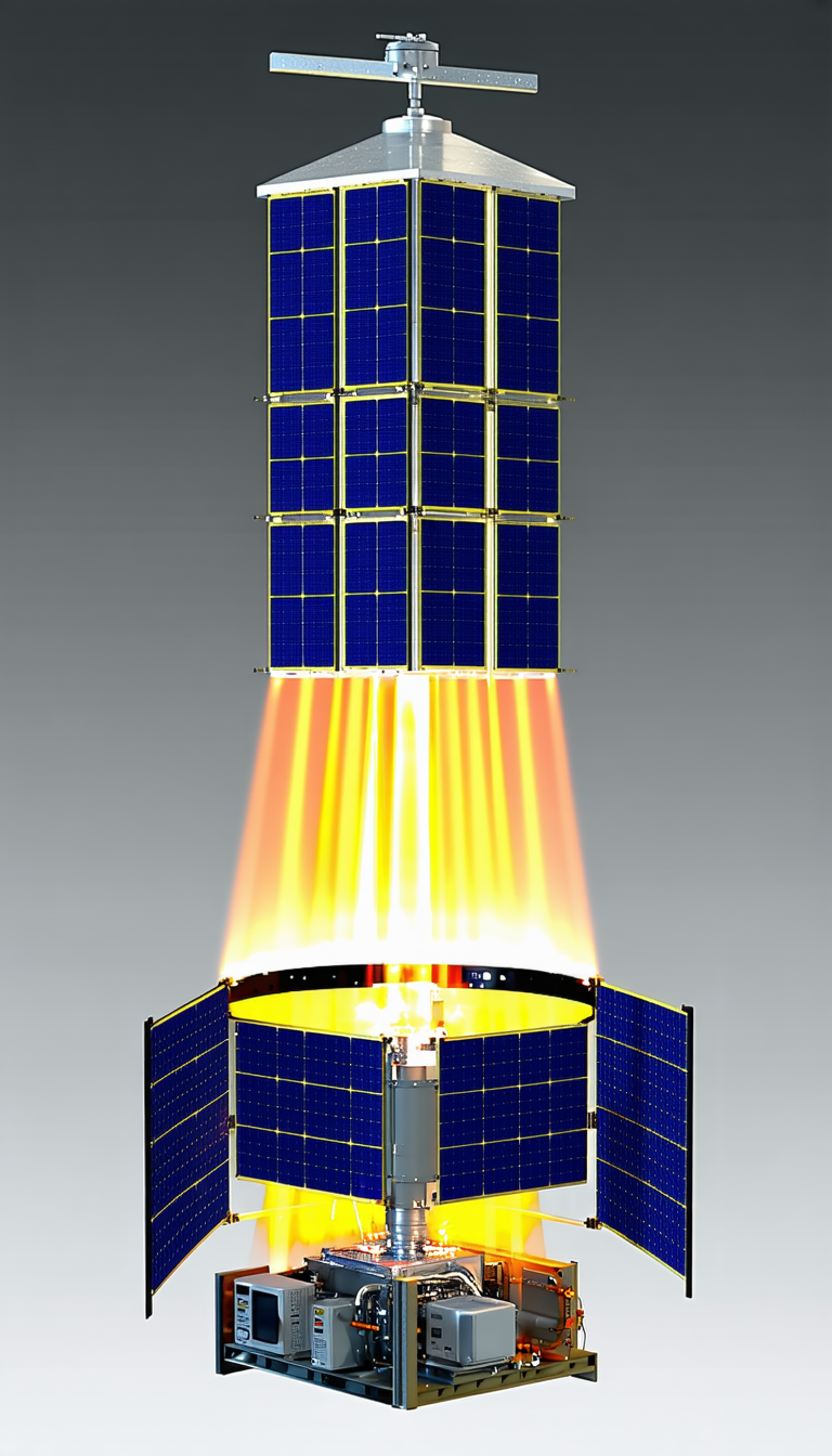 A Large Satellite Is Shown In The Image, With A Bright Light Coming From It