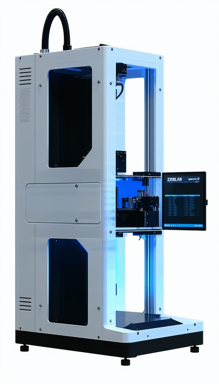 A Large, White, And Blue Machine Is Sitting On A White Surface