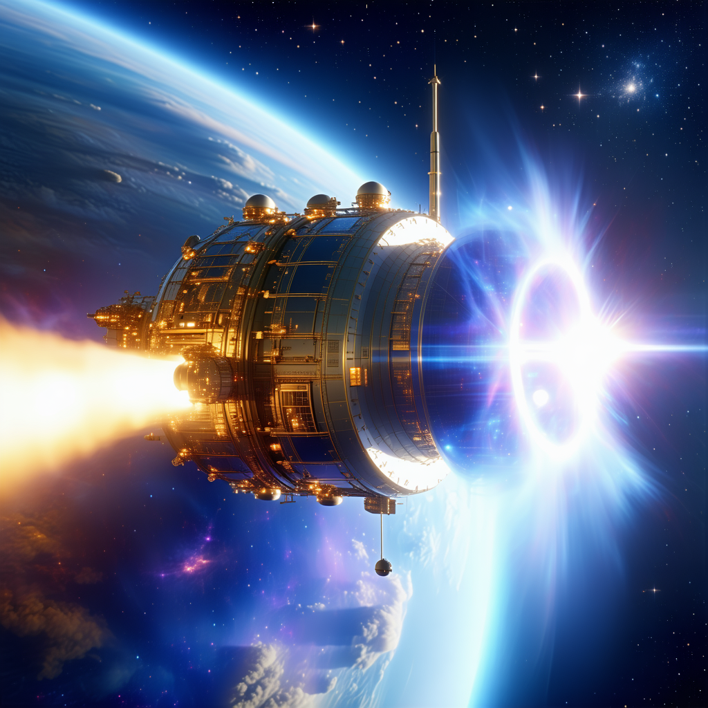 A Spaceship Is Flying Through The Air, With A Bright Light Shining From It