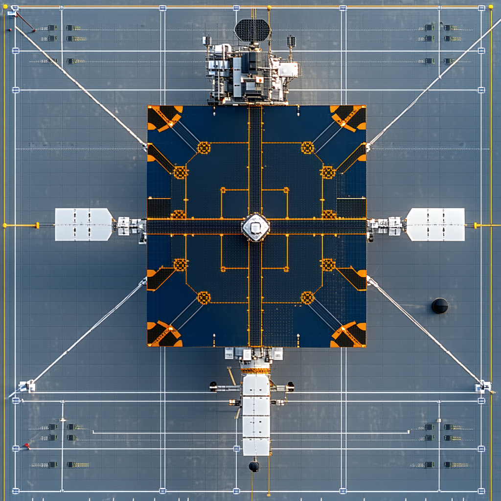 A Large Blue And Yellow Spacecraft Is Shown In A Blueprint, With A Large Circle In The Center
