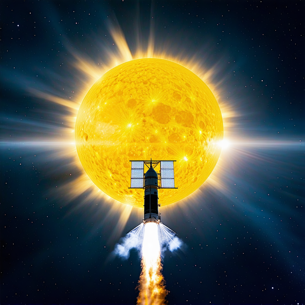 A Rocket Ship Flying Through The Sky, With The Sun Shining Brightly Behind It