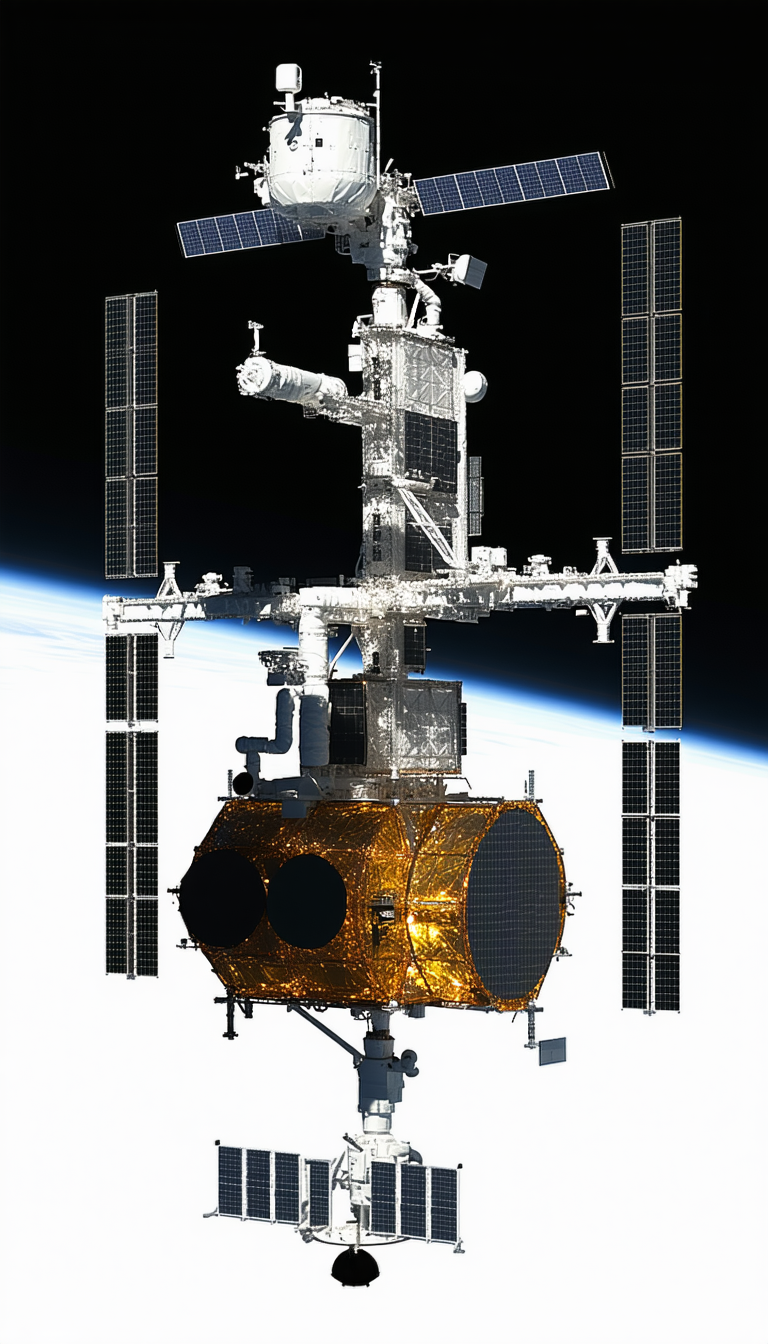A Large Spacecraft Is Shown In A Close-up View, With Its Various Components Clearly Visible